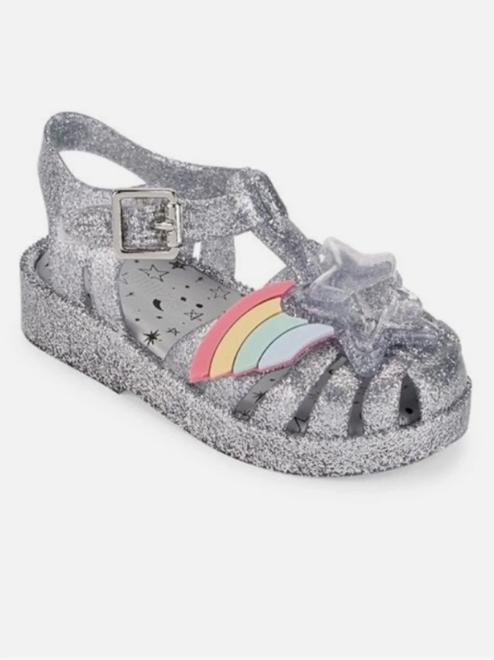 Mini Melissa Silver Glitter Jelly Sandals with Rainbow Accent Size 9